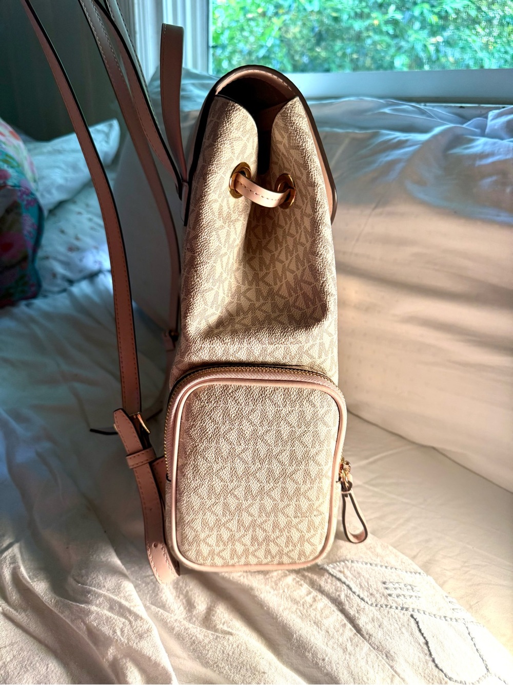 Michael Kors Beige Logo-Print Crossbody Backpack - Picture 2 of 6